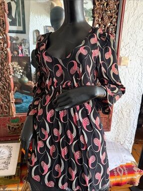 Black Long-Sleeve Dress with Pink and Cream Wave Print